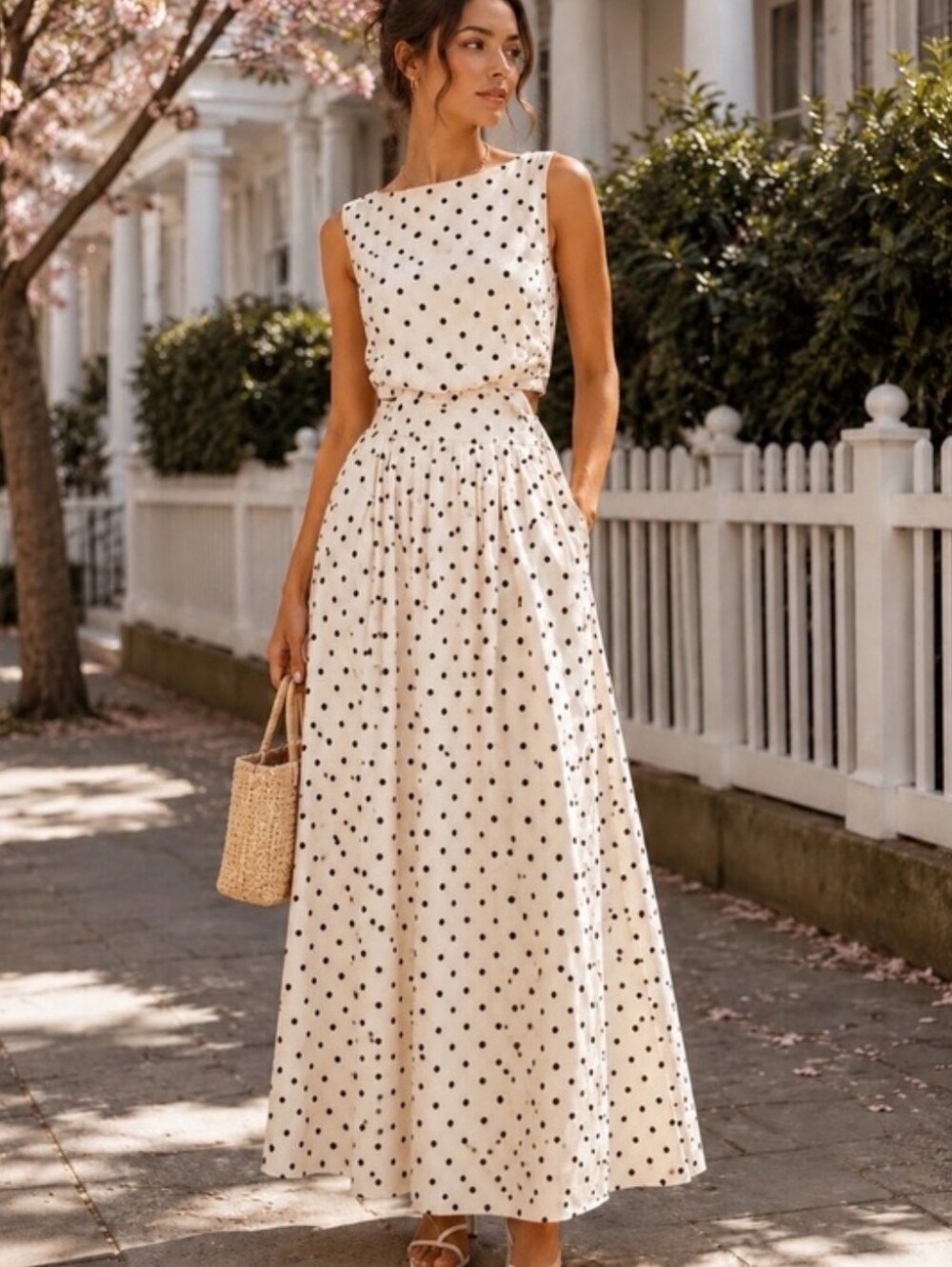 Commense Cream Maxi Skirt with Black Polka Dots
